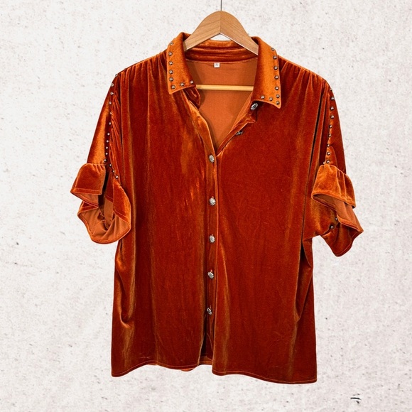 Rust Orange Velour Button Down Shirt - Picture 1 of 3